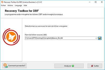 Sélection du fichier *.dbf endommagé