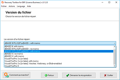 Sélection de la version du fichier *.dbf de sortie