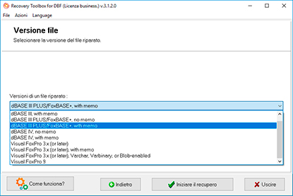 Selezione della versione del file *.dbf di output